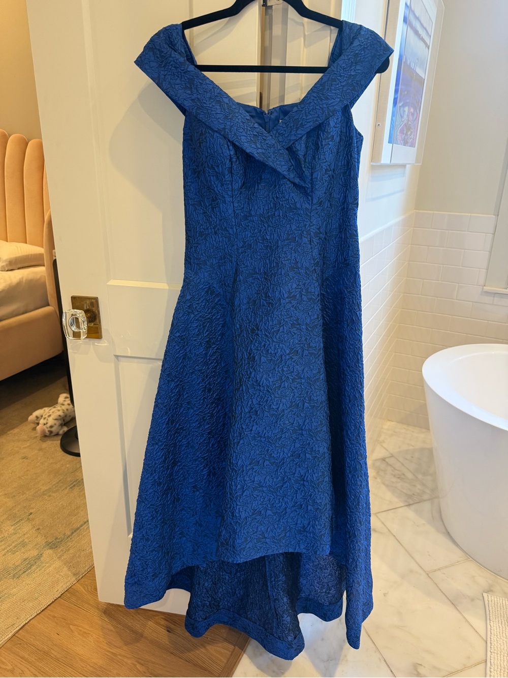Rickie Freeman for Teri Jon jacquard off-shoulder dress